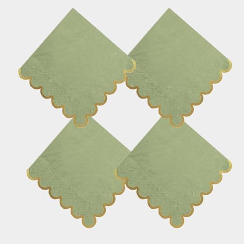 100 pack Sage Green Cocktail Napkins with Gold Foil Accents Scalloped Edges 5 x 5 inch Beverage Disposable Napkin Party Decoration Wedding Bridal and Baby Shower Dinner Lunch Supplies by Leapig
