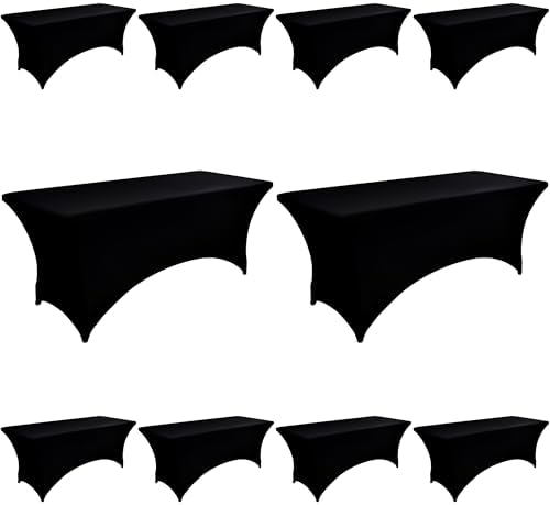 10-Pack 8ft Black Spandex Table Covers for Rectangle Folding Tables - Washable Elastic Tablecloth - Ultimate Fitted Table Protector for Parties, Trade Shows, Banquet, and Wedding by Unknown