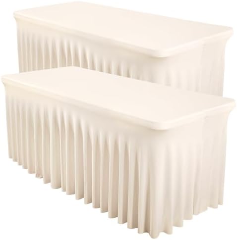 Shillance 2 Packs Ivory Spandex Tableclothes for 8 Foot Rectangle Table, Spandex Table Covers 8FT Stretch Table Skirts Rectangle Wrinkle Free Fitted Table Cloth for Event, Wedding, Banquet & Parties by Shillance