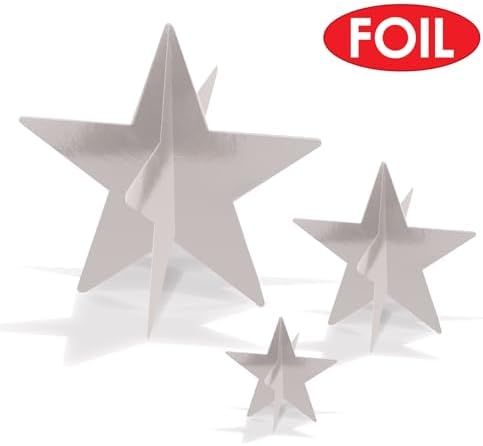 Beistle 3-D Foil Star Centerpieces, 9-Pack Silver Cardstock Table Decorations for Awards Night Themes, New Year’s Eve, Anniversary Parties and Elegant Celebration Displays, Three Sizes 3", 5½", 8" - Image 3