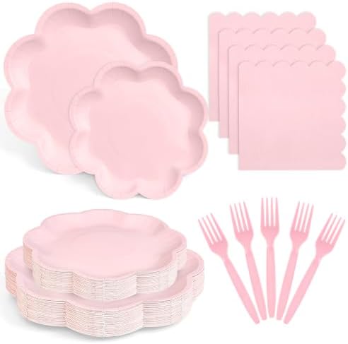 96 Pcs Pink Paper Plates and Napkins Set Pink Party supplies for 24 Guest Including Scalloped Disposable Dessert Paper Plates Napkins Plastic Forks for Baby Shower Mother's Day Wedding Easter by Unknown