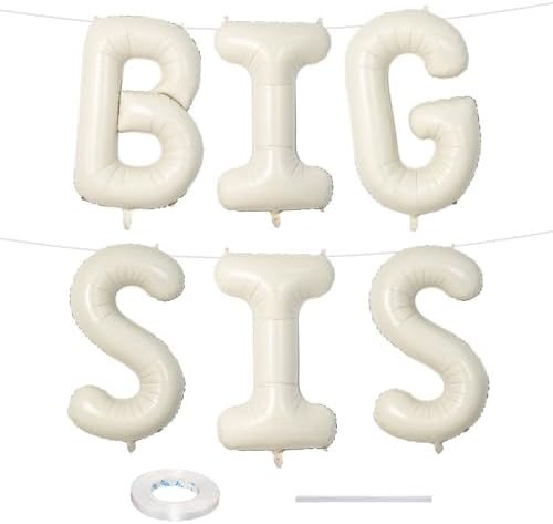 40 Inch Cream BIG SIS Balloons, Large Beige Neutral Big Sis Balloon Letters Sign with Ribbon, Ivory White Sand Baby Girls Balloon for Her Birthday Baby Shower Gender Reveal Party Decoration Supplies by Lingqiang