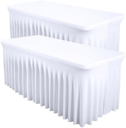 Shillance 2 Packs White Spandex Table Covers 4 Foot, Fitted Stretch Table Cloth with Skirts 48x24 Inch, Wrinkle-Free Floor Length Rectangle Tablecloths for Weddings Parties Banquets Events by Shillance