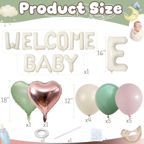 Pink and Green Baby Shower Decorations, WELCOME BABY Letter Foil Balloons Banner Backdrop Set with Sage Green Rosa Gold Cream Beige Latex & Heart Balloon for Newborn Infant Gender Reveal Party Decor - Image 2