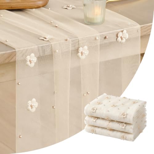 Artoid Mode Flower Pearl Champagne Gauze Table Runner 10FT 3PC, Seasonal Sheer Dining Holiday Wedding Birthday Baby Shower Table Decor for Home Party by ArtoidMode