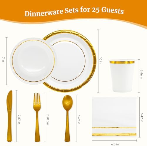 AIRE Gold White Paper Plates Set, 175PCS Disposable Tableware for 25 - Image 2