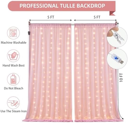 Wish Care 20x10FT Pink Wrinkle Free Backdrop Curtains with Lights String for Parties - Photo Curtain Backdrop with Lights for Wedding Decorations, Bridal Baby Shower Birthday Party Photography - Image 4