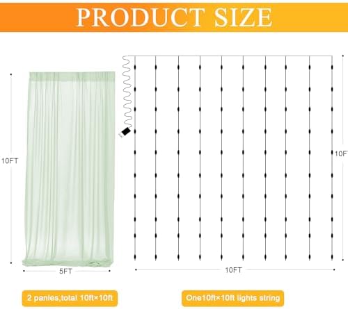 Fomcet Tulle Backdrop Curtains with Lights Sage Green 10x10ft Sheer Curtain - Image 2