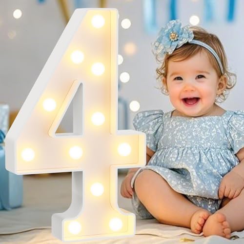 Pooqla Large Light Up Numbers for 4th Birthday Decorations, 12.6 in Tall White Plastic Marquee Numbers Sign Party Decorations, Gift for Girls Boys Night Light Wedding Anniversary Decor, Big Number 4 by Pooqla