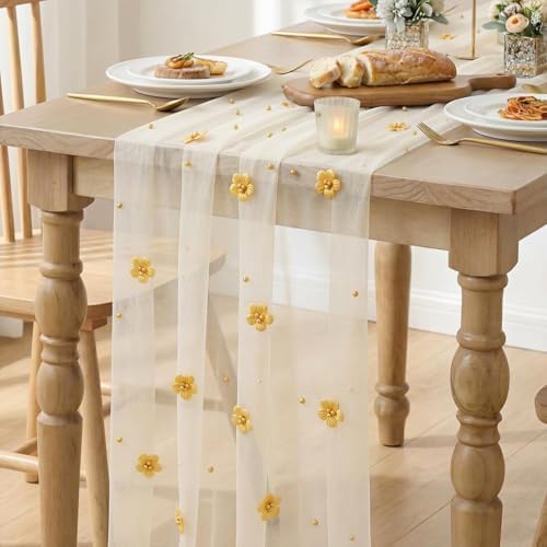 Artoid Mode Yellow Flower Pearl White Gauze Table Runner 10FT, Seasonal Sheer Dining Holiday Wedding Birthday Baby Shower Table Decor for Home Party - Image 3