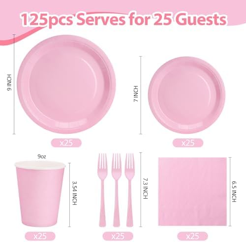 Light Pink Plates and Napkins Party Supplies, Include 9’’ Pink Disposable Paper Plate, 7’’ Dessert Plates Cups Napkins Forks Set for Birthday, Baby Shower Wedding, Party Decorations for Serves 25 - Image 2