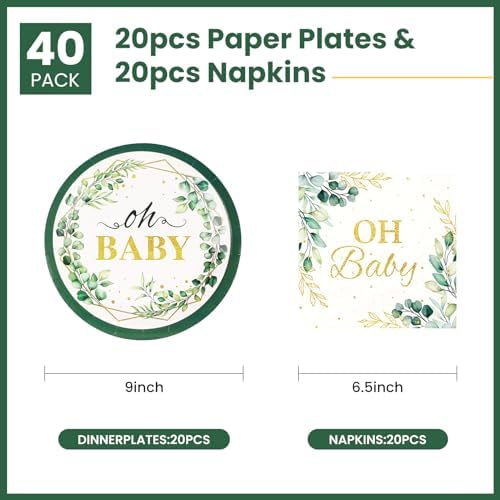 40pcs Sagegreen Oh Baby Plates&Napkins Green Eucalyptus Baby Shower Plates - Image 2