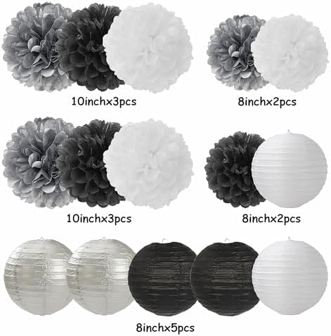 Black White Silver Party-Decorations Paper Flowers Lanterns - 15PCS Birthday Halloween Wedding Tissue Pom Poms Streamers, Halloween Prom Baby Shower Bachelorette Hanging Supplies Decor Hugfond - Image 6