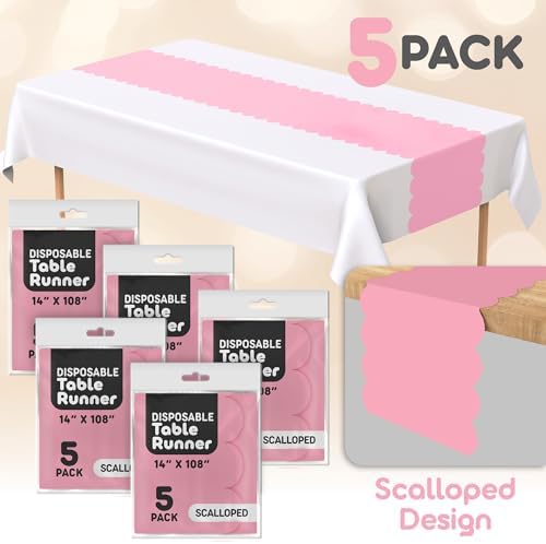 Light Pink Scallop Table Runner, Disposable Plastic, 5 Pack, 14x108in - Image 2