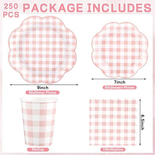 NatNarr 250 Pcs Pink Gingham Plates Set, Scalloped Pink and White Checkered Tableware Set Includes Disposable Plates Napkins and Cups for Wedding Birthday Picnic Baby Bridal Shower - Image 2