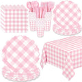 WNINK 176 PCS Light Pink Gingham Plates and Napkins, Pink Checkered Disposable Plates Set with Napkins Cups Plastic Spoons Forks Knives for Dinner Birthday Baby Shower Wedding Supplies Serve 25 Guests by WNINK