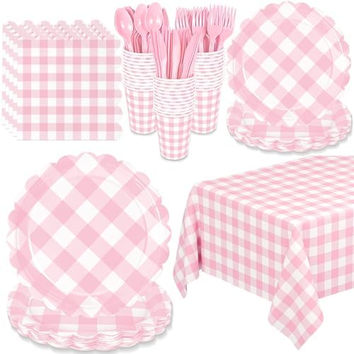 WNINK 176 PCS Light Pink Gingham Plates and Napkins, Pink Checkered Disposable Plates Set with Napkins Cups Plastic Spoons Forks Knives for Dinner Birthday Baby Shower Wedding Supplies Serve 25 Guests by WNINK