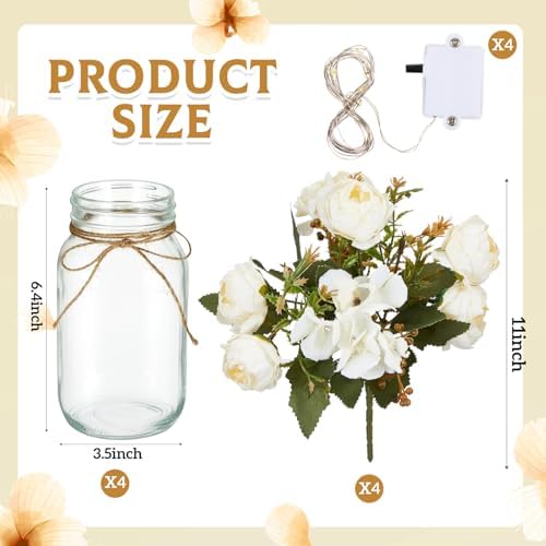 4 Sets Faux Peony Mason Jar Centerpiece with LED Lights for Wedding - Image 2