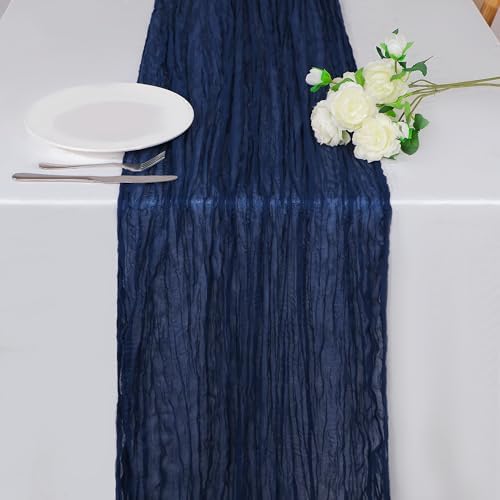Snowkingdom 10 Ft Navy Blue Cheesecloth Table Runner, 120 inch Long Cheese Cloth Boho Gauze Runner for Christmas Wedding Bridal Baby Shower Birthday Holiday Party Sheer Table Decorations by Snowkingdom