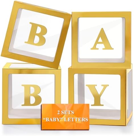 Ledido Baby Boxes with Letters for Baby Shower Decorations, 4 pcs Clear Balloon Boxes with Letters for Boys Girls Gender Reveal Decorations Birthday Wedding Backdrop Party (Gold) by Ledido