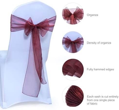 MDS Pack of 10 Organza Chair Sashes for Wedding & Event Décor – Burgundy - Image 6