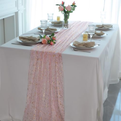 Pink and Gold Table Runner 10 Ft Metallic Foil Glittery Sheer Gauze Decor - Image 5