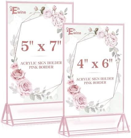 EHWINE 12 Pack Acrylic Sign Holder 5 x 7, Double-Sided Stand up Table Top Sign Holders, Pink Acrylic Picture Frame Menu Flyer Paper Holder Display Stand for Office Business Store Wedding Party - Image 6