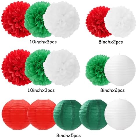Red-Green White Party-Decorations Christmas Flowers Lanterns - 15PCS Italian Mexican Independence Day Paper Tissue Pom Poms Streamers,Mexico Italy Birthday Baby Shower Wedding Hanging Decor Hugfond - Image 3