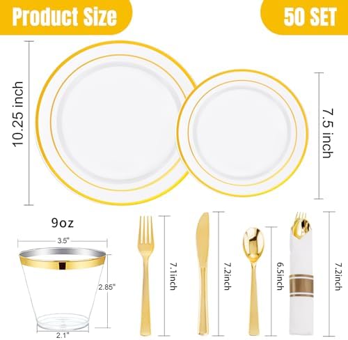 WELLIFE 350Pcs Gold Plastic Plates for 50 Guests - Plastic Dinnerware Set, Includes 100 Party Plates,150 Gold Silverware Disposable,50 Napkins,50 Cups,Disposable Plates for Party and Wedding - Image 2