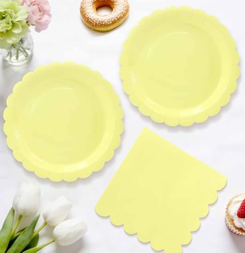 HEIPINIUYE 50 Pcs Yellow Paper Plates and Napkins Party Supplies Include 7'' Yellow Scalloped Plates and 6.5'' Paper Napkins Disposable Tableware Set for Dinner Wedding Birthday Party (Serves 25) - Image 2