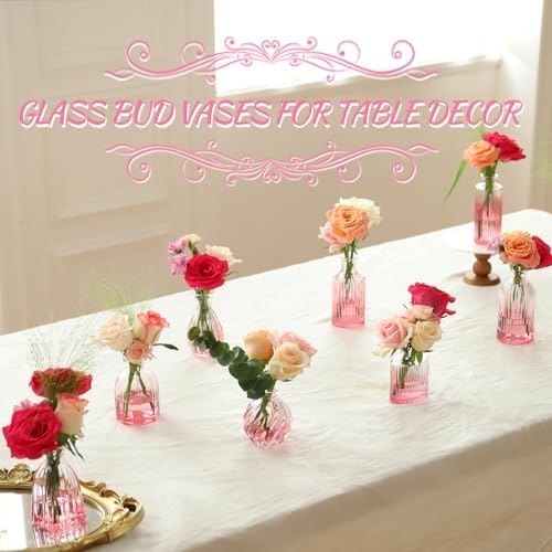 Pink Vase, Glass Bud Vases Set of 12, Small Pink Glass Vases for Flowers Colored Ribbed Flower Vase for Decor Bud Vase in Bulk Vintage Decor Bridal Shower Wedding Centerpieces Home Table Decoration - Image 3