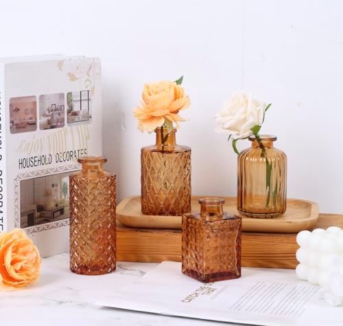 CUCUMI 12pcs Bud Vases for Centerpieces, Amber Gold Glass Vase Set - Image 5
