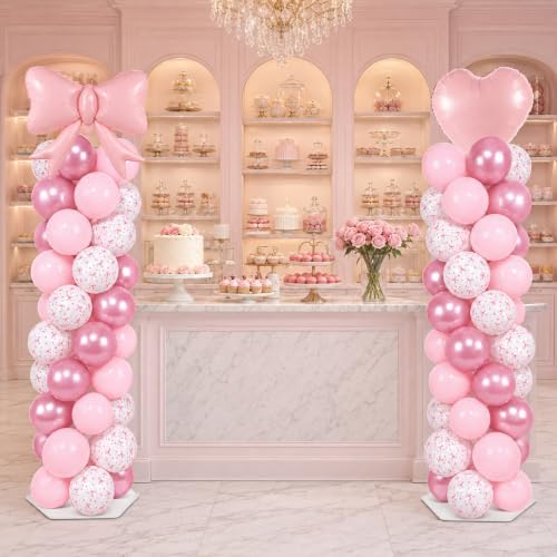 2 Sets Pink Bow Balloon Column Stand Adjustable Pink Heart Balloon Decor - Image 5