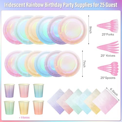 Iridescent Pastel Plates and Napkins Serve 50, Pastel Rainbow Holographic Party Plates Supplies, Disposable Paper Plates Napkins Cups Knives Forks for Birthday Wedding Baby Shower Party Decorations - Image 2