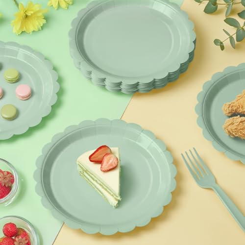 105PCS Sage Green Paper Plates & Napkins Set,7inch Scallope,with Forks - Image 7