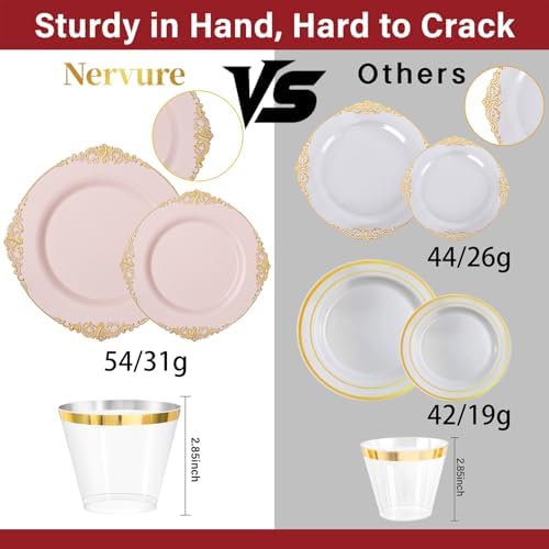 Nervure 175Pcs Pink Plastic Plates, Disposable Party Plates for 25 Guests - Image 3
