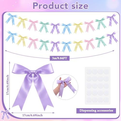 NatNarr 2 Pcs Pastel Bow Garland Banner, Pre-Strung Satin Ribbon Bow Banner - Image 2