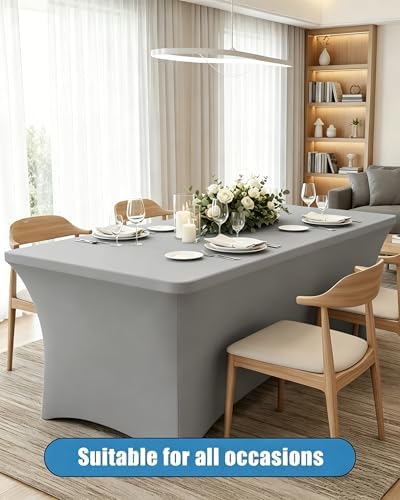 6FT Light Grey Table Cloth - 2 Pack Fitted Stretch Rectangle Spandex Tablecloth, Washable Table Cover for Party, Picnic, Wedding, Banquet, Birthday and Festival(30" x 72") - Image 2