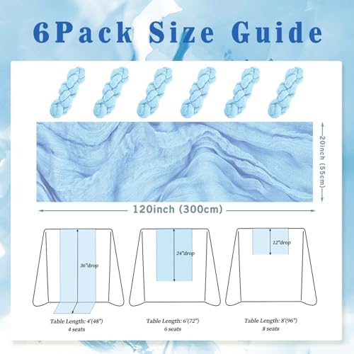 6 Pack Baby Blue Cheesecloth Table Runner 20 x 120 Inch Long Rustic Gauze Cheese Cloth Table Runner for Wedding 10FT Bridal Baby Shower Table Decorations Boho Fabric Sheer Birthday Party Table Decor - Image 2