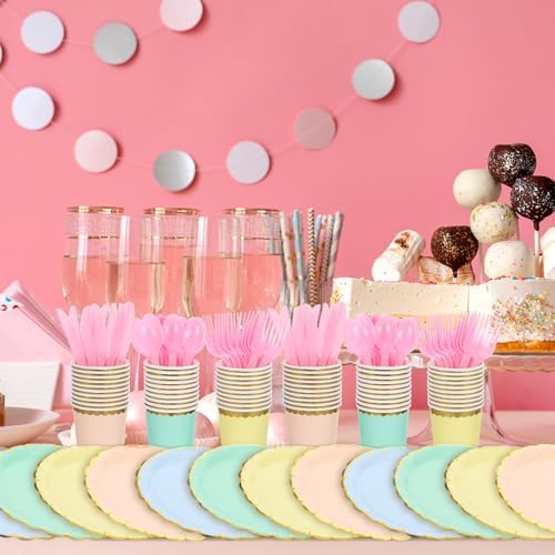 240 Pieces Pastel Party Supplies Disposable Dinnerware Set Include Plates and Cups Napkins Plastic Forks Knives Spoons Tablecloth for Wedding Birthday Party Decorations - Image 6