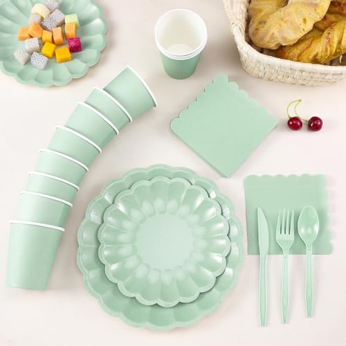 Newtay 350 Pcs Light Green Scalloped Paper Plates Shell Edge Disposable Tableware Cocktail Napkins Cups Plastic Spoons Forks Knives for Wedding Baby Shower Picnic Birthday Party Supply for 50 Guests - Image 3
