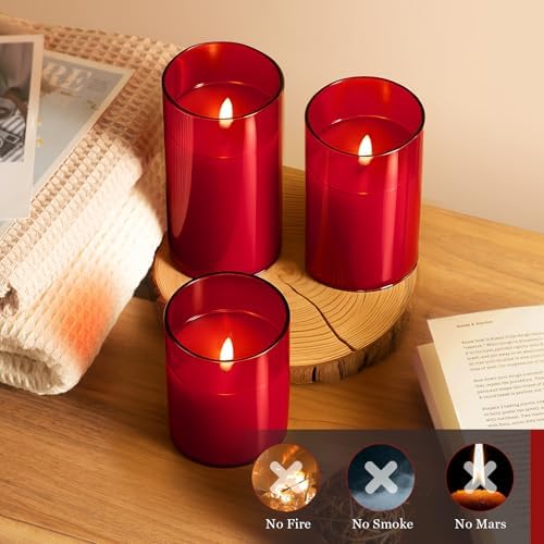 Tyawon Glass Battery Operated LED Flameless Candles with Remote and Timer, Real Wax Candles Warm Color Flickering Light for Festival Wedding Home Party Decor(Pack of 3)-Red - Image 4