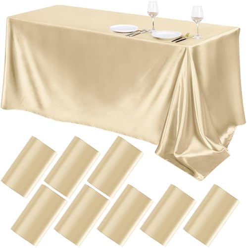 TURSTIN 8 Pack Champagne Satin Tablecloth 102 x 58'' Overlay Table Cover by TURSTIN
