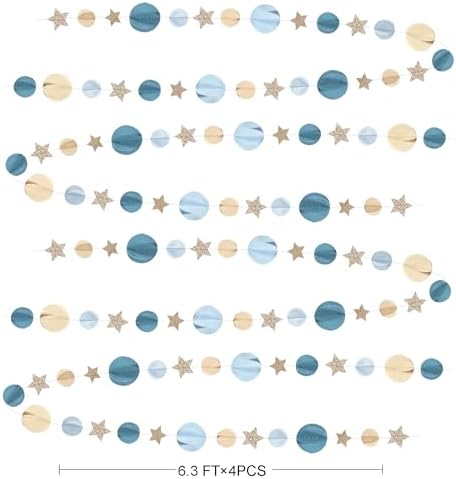 Dusty Blue Champagne Gold Beige 3D Polka Dot Star Hanging Streamer Circle Dot Star Garland Banner for Birthday Bridal Shower Wedding Engagement Nautical Party Decorations Supplies - Image 2