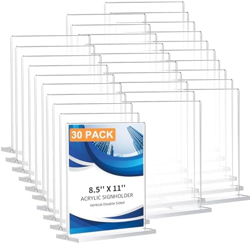 30 Pack Acrylic Sign Holder 8.5 x 11, Double-Sided Clear Sign Holder Plastic Stands for Display, T Shape Acrylic Table Sign Stands for Office Store Restaurants Wedding Party Decoration by DECOHOBO