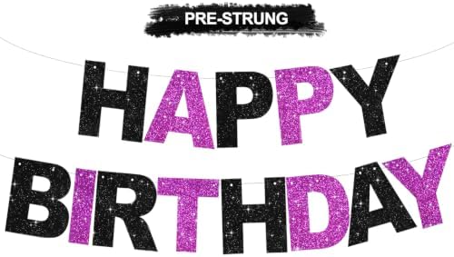 BEISHIDA Pre-Strung Black Purple Happy Birthday Banner Party Sign Decor by Beishida