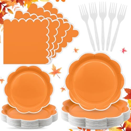 96 Pcs Fall Orange and White Paper Plates and Napkins Set Serve 24 Guests by Unknown