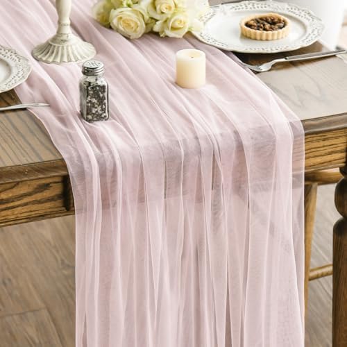 Artoid Mode 3PCS Blushing Pink Gauze Table Runner 120 Inch 10FT, Seasonal Sheer Kitchen Dining Holiday Wedding Birthday Baby Shower Table Decor for Home Party by ArtoidMode