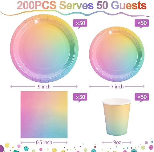 Rainbow Birthday Decorations for Girls, Pastel Rainbow Plates and Napkins 200Pcs, Girl Birthday Plates and Napkins, Easter Mother's Day Hawaiian Luau Colorful Pride Month, Serves 50 - Image 3