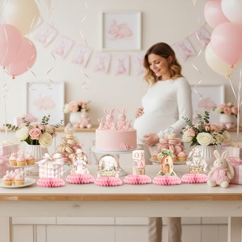 12 Pcs Pink Bunny Baby Shower Decorations for Girl - Some Bunny Is On The Way Baby Shower Centerpieces for Tables - Bunny Baby Shower Honeycomb Table Decor for Girl - Image 6